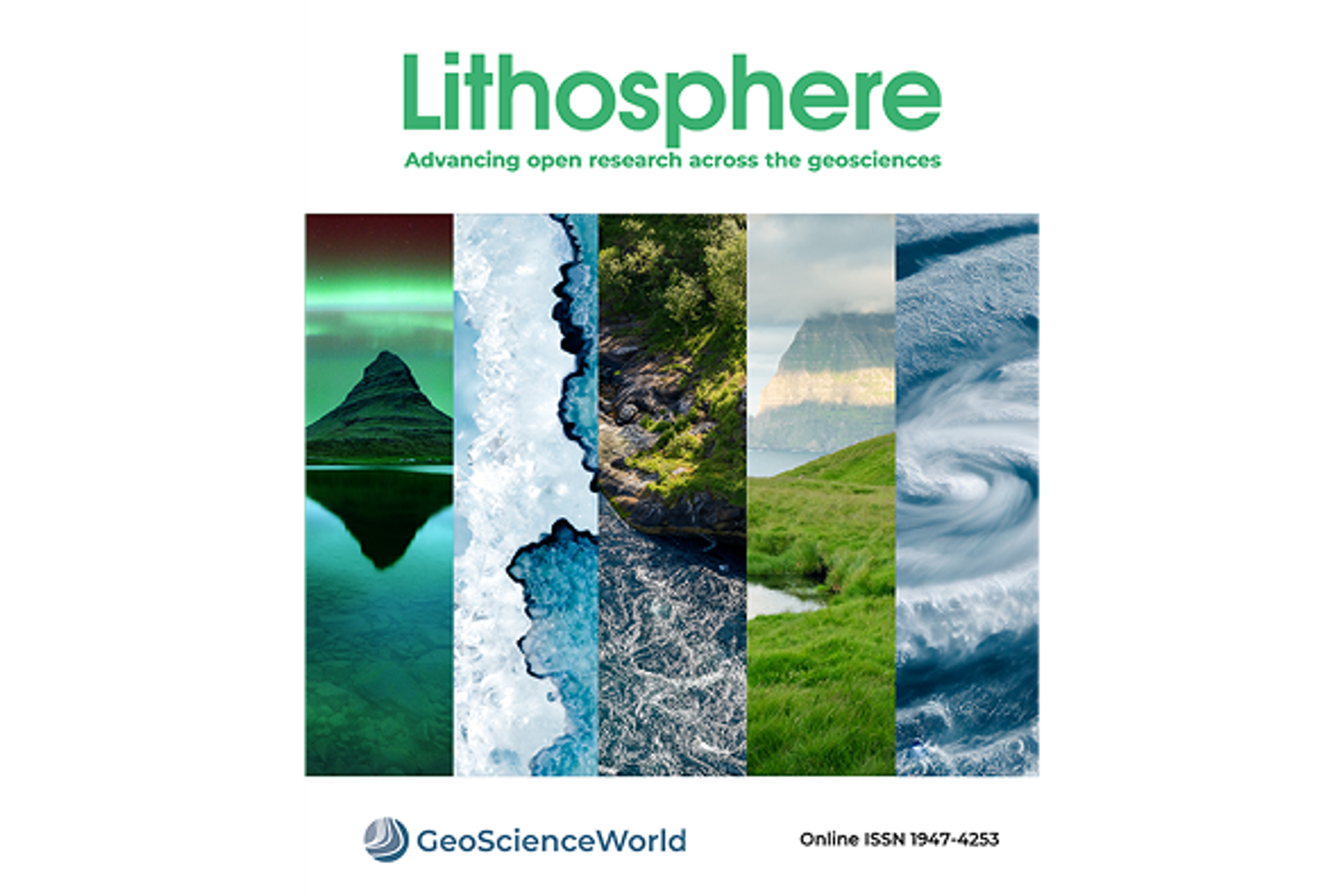 Journal cover with “Lithosphere”, and five vertically sliced images of the natural world.