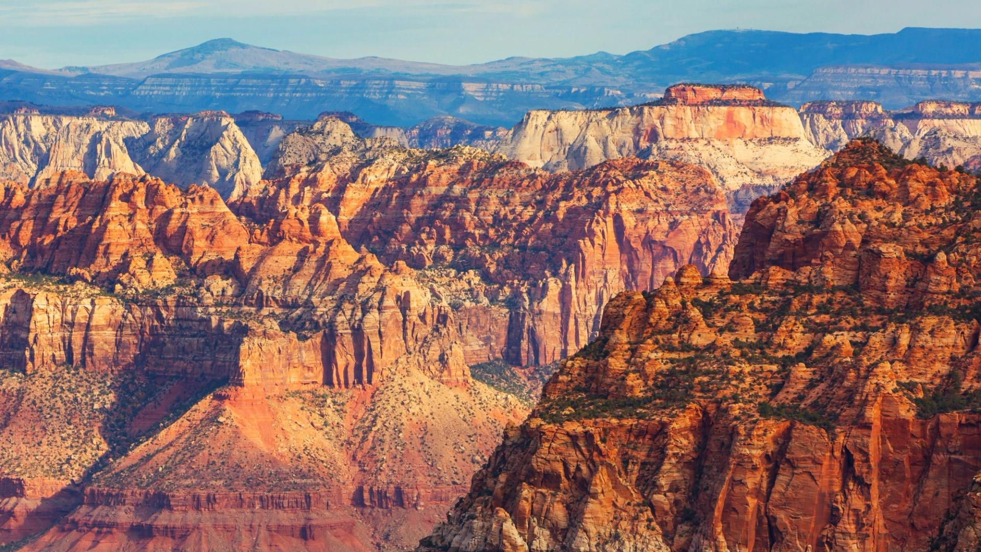 Scenic red orange canyon and rock formations at Zion National Park