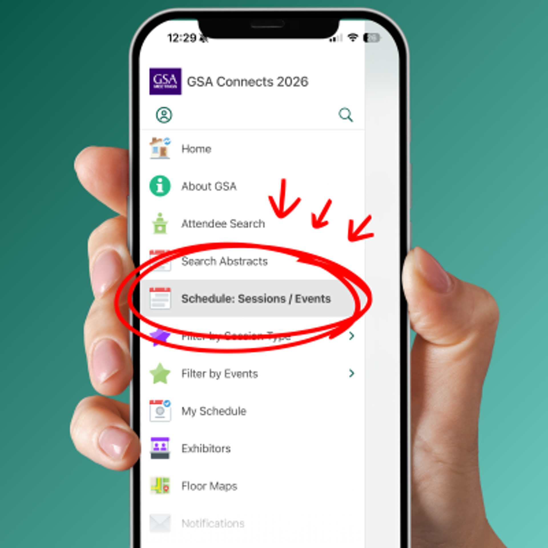 A mobile app with "Schedule: Sessions / Events" highlighted.