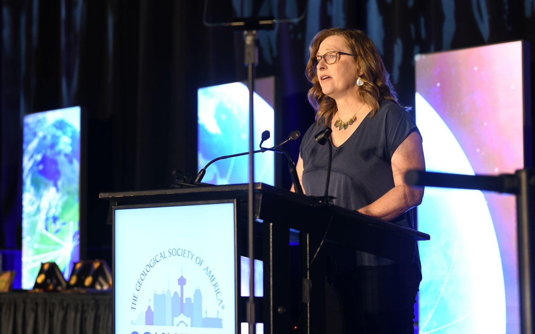 Well-known geoscience communicator, Andrea Dutton, speaking on the importance of geoscience communication at GSA Connects