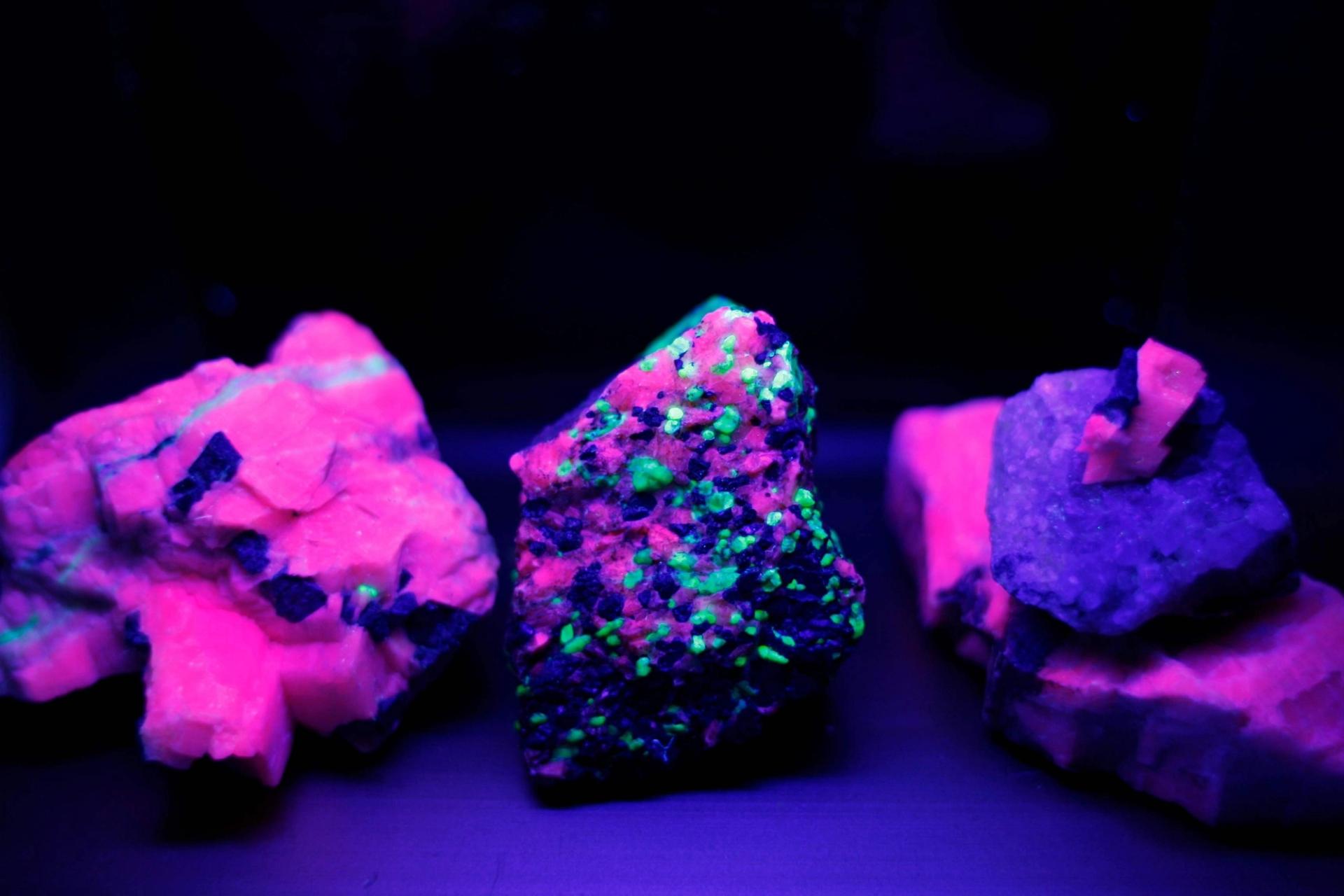 Florescent minerals glowing in the dark under UV light