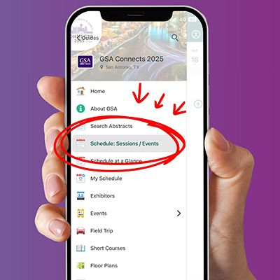 A mobile app with "Schedule: Sessions / Events" highlighted.