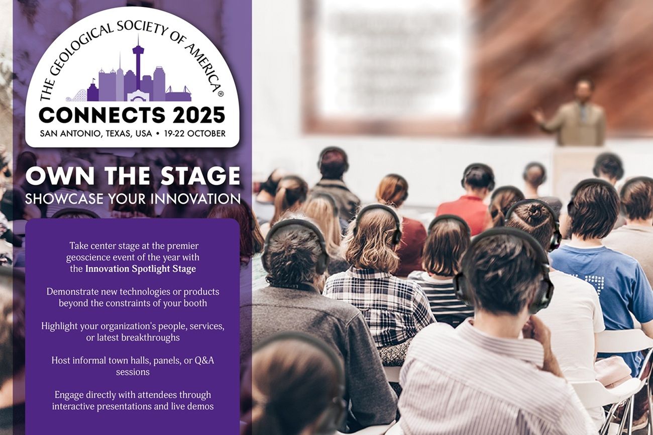 GSA CONNECTS 2025 poster promoting the Innovation Spotlight Stage, featuring a speaker and audience. Event in San Antonio, October 19–22.