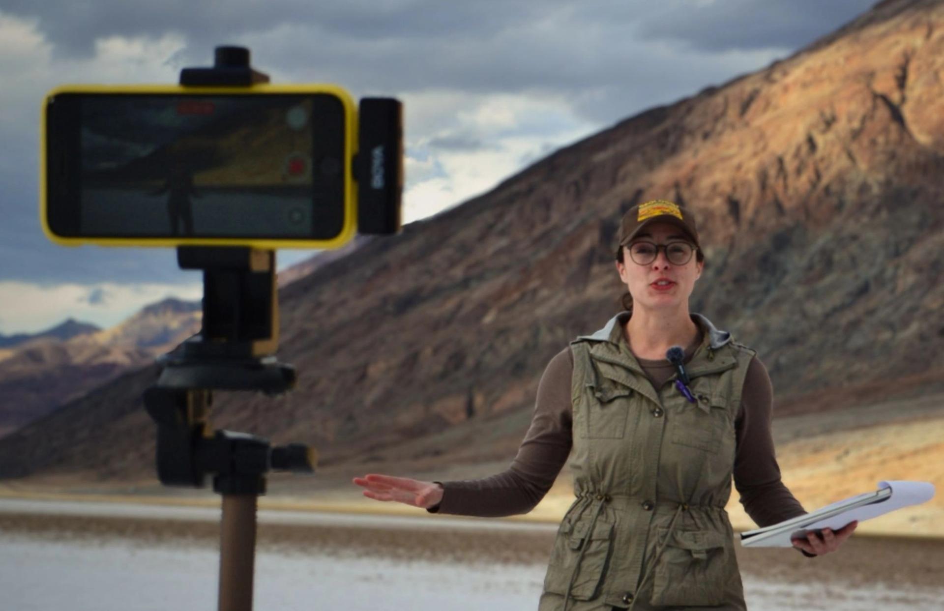 Geo Girl filming geoscience video to communicate geoscience to a global audience online