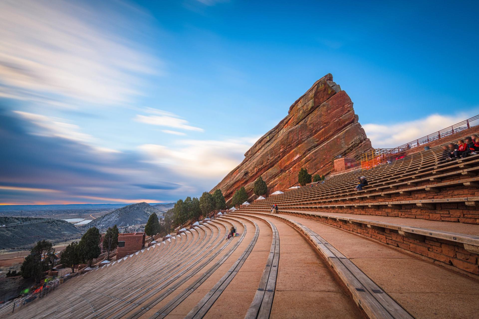 Early morning at Red Rocks Amphitheatre. The open-air amphitheatre is built directly into a rock structure.