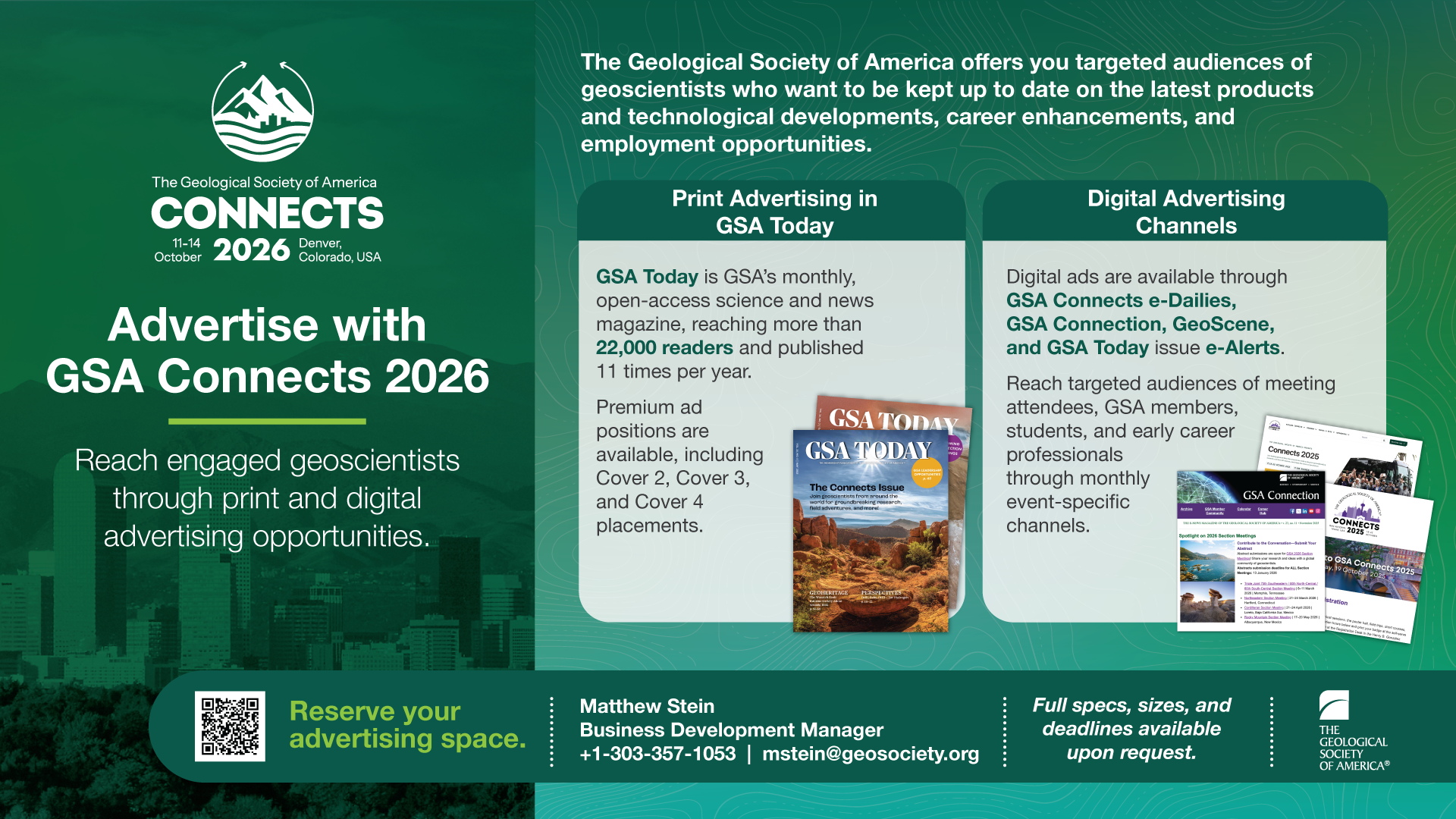 GSA Connects 2026 advertising opportunities slide highlighting print advertising in GSA Today and digital advertising channels, with contact details for Matthew Stein.