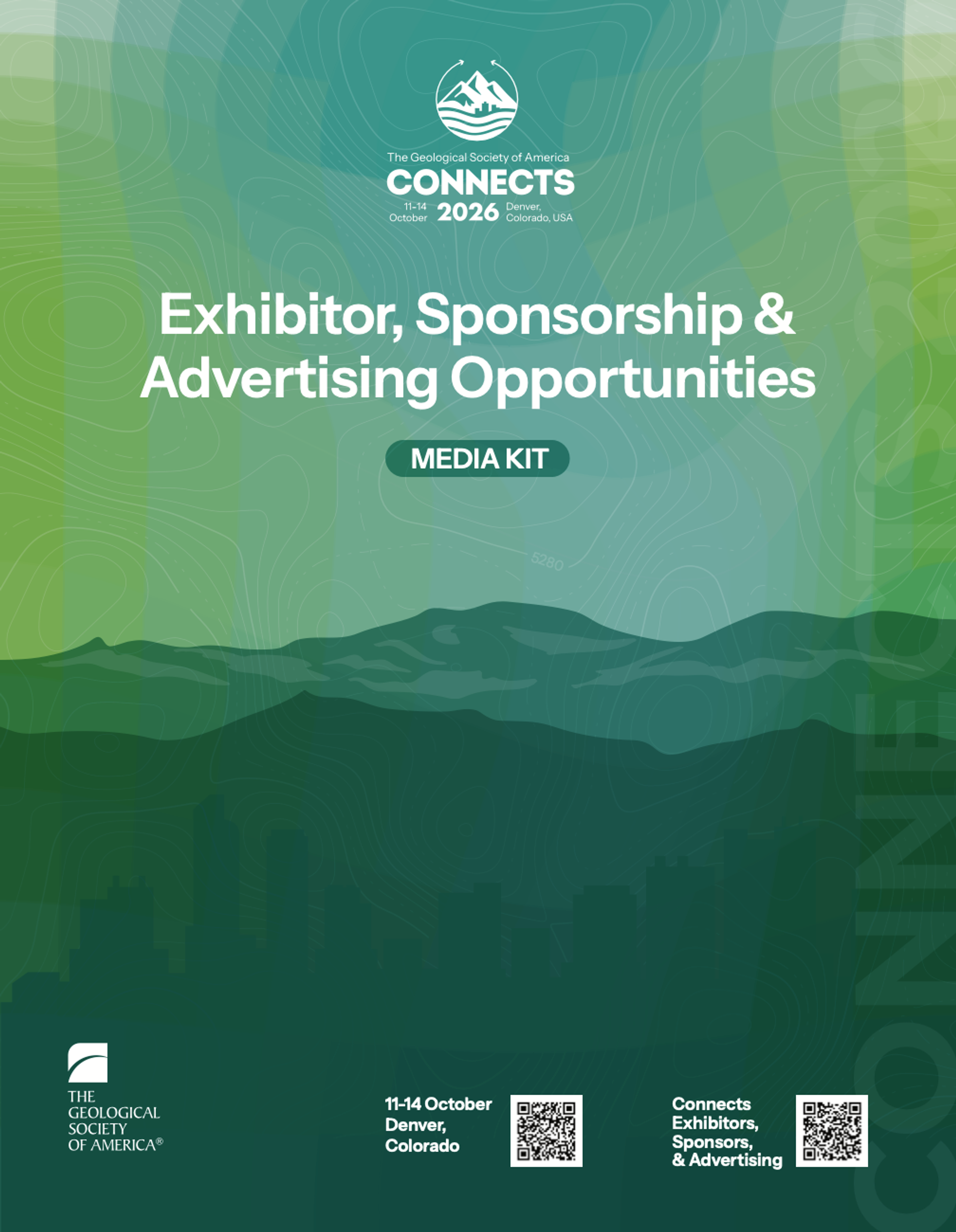 Cover of the GSA Connects 2026 Exhibitor, Sponsorship & Advertising Opportunities Media Kit, featuring the GSA Connects logo, event dates of 11–14 October in Denver, Colorado, and an illustrated landscape of layered green mountains with topographic contour lines.