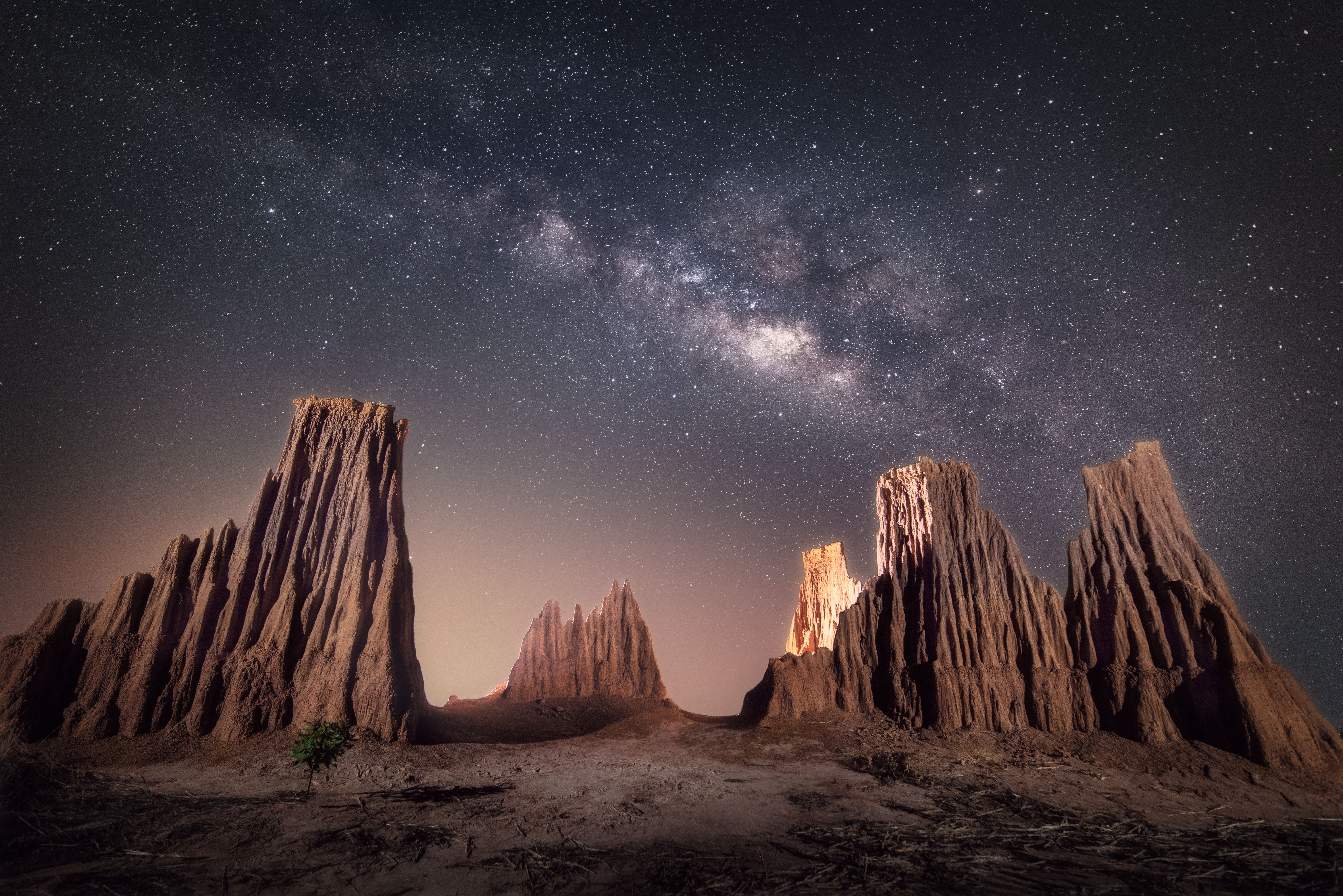 Starry Night With Dramatic Milky Way Galaxy of Solar System Astronomy in Cathedral Gorge State Park in Nevada.