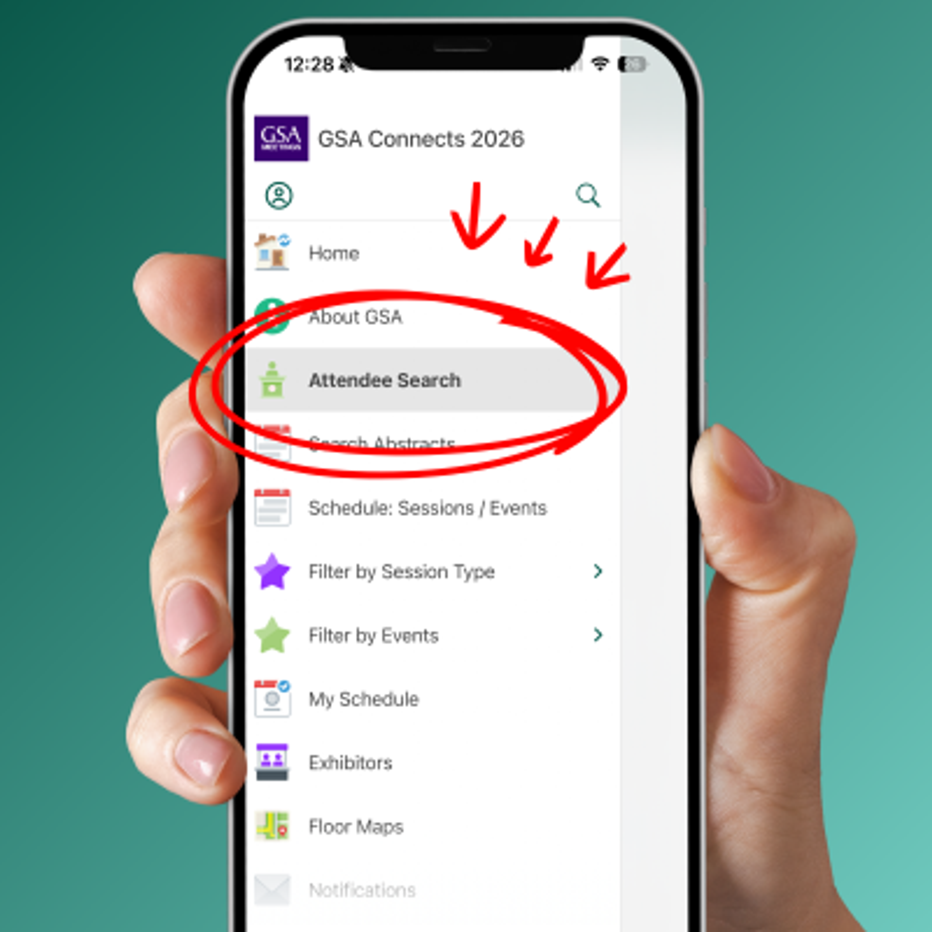 A mobile app with "Search Attendees" highlighted.