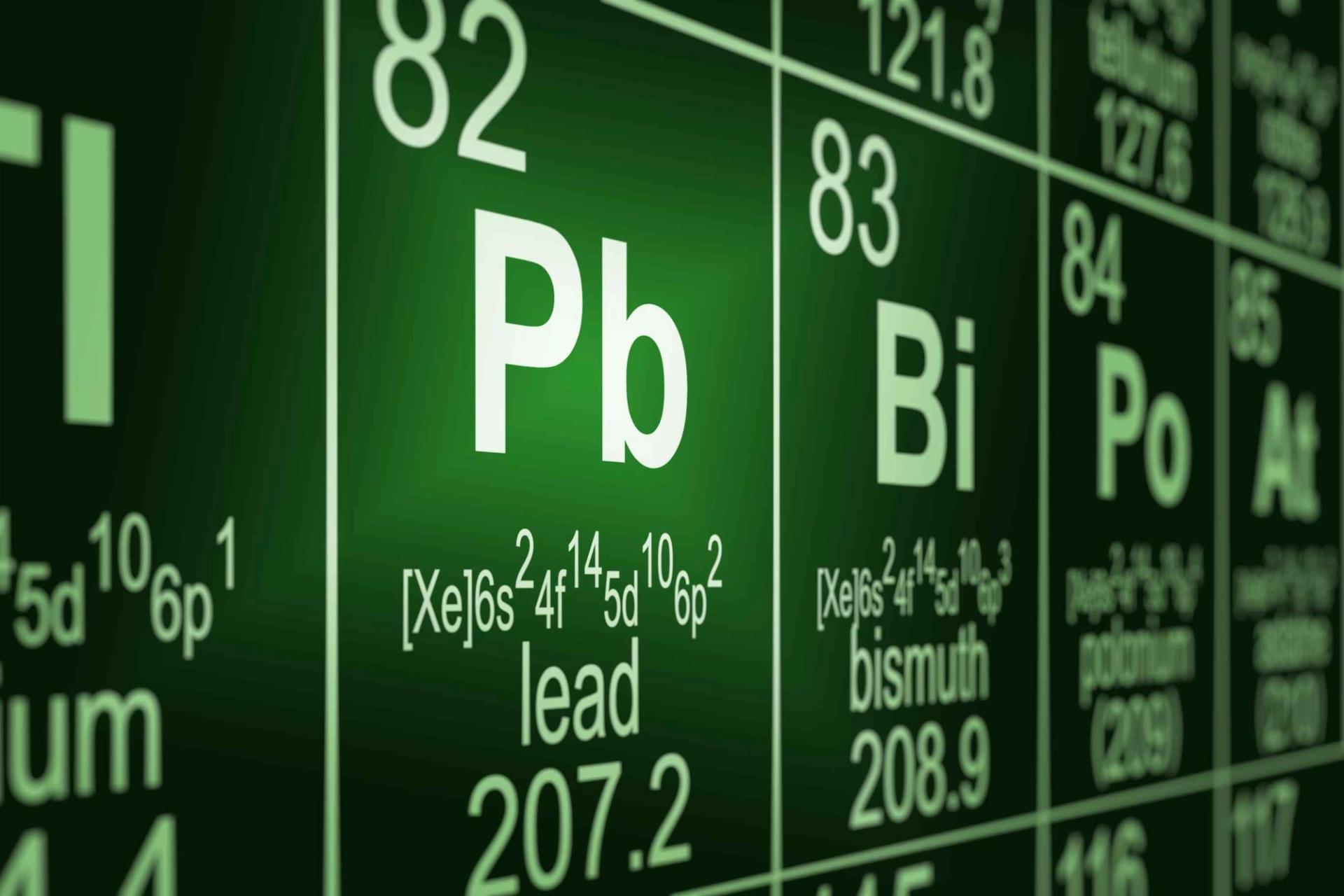 Image of periodic table highlighting the element, lead, or Pb