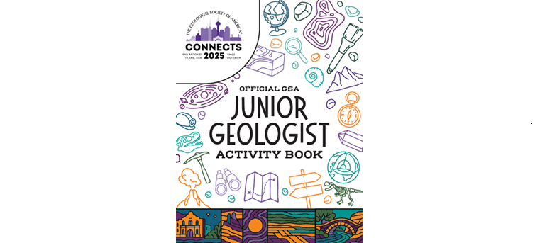 Cover for "Junior Geologist activity book" with illustrations related to earth science around this text and the Connects 2025 logo in the top left corner. 