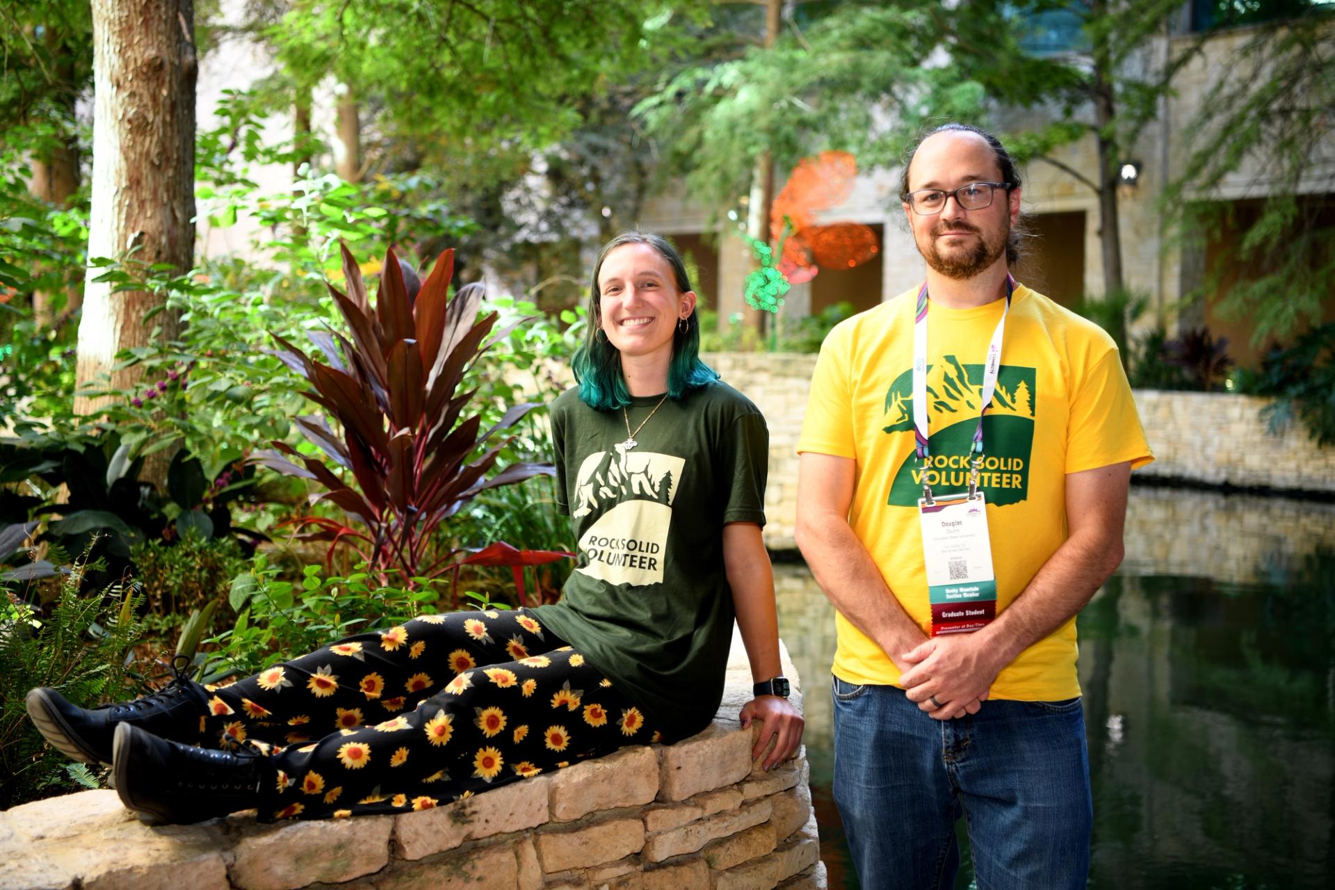 Two student volunteers hang out at the Icebreaker Reception during GSA Connects 2025 in San Antonio.