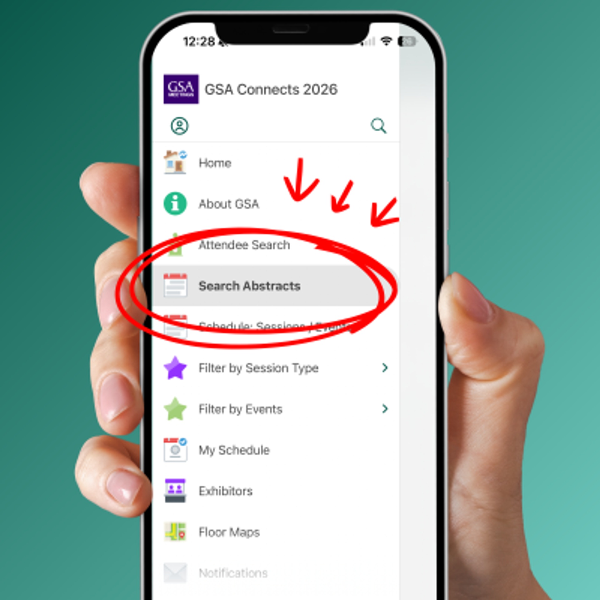 A mobile app with "Search Abstracts" highlighted.