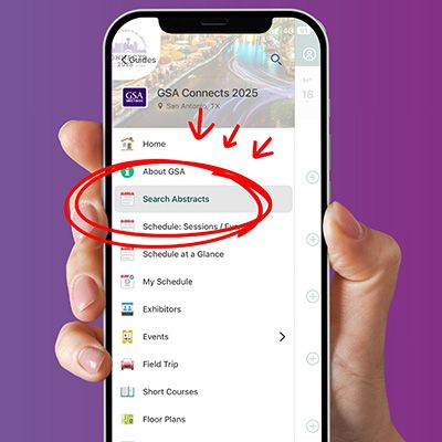 A mobile app with "Search Abstracts" highlighted.