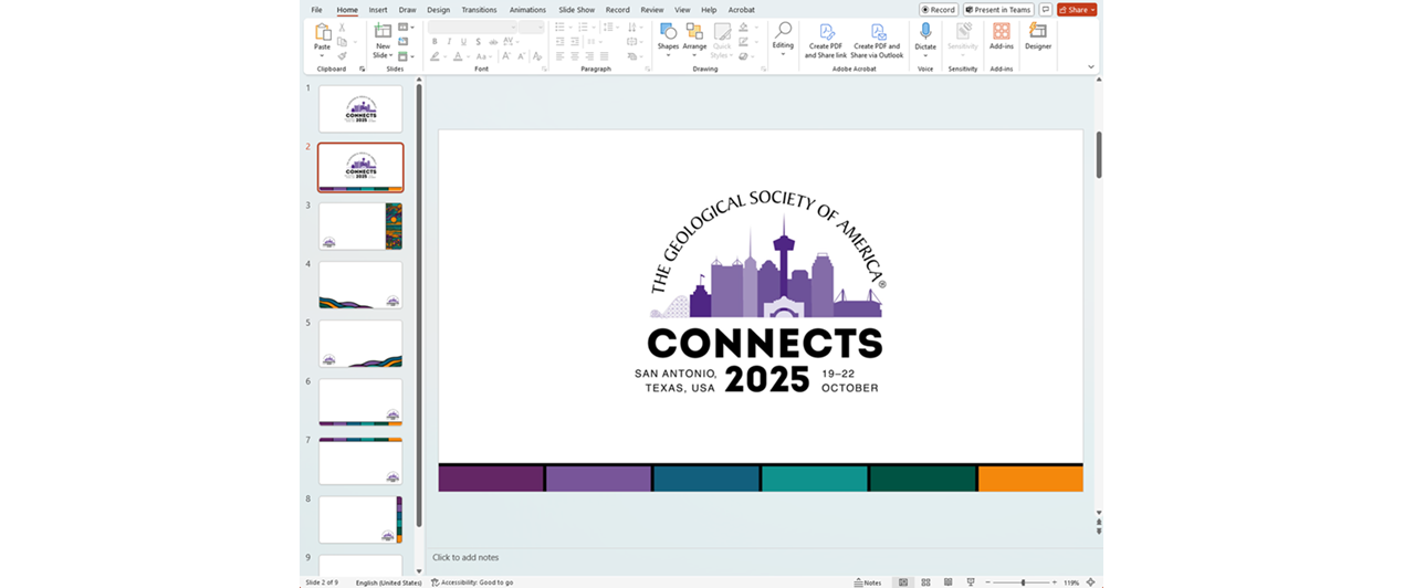 Screenshot of PowerPoint templates. Large slide with thumbnails displaying in a vertical column to the left.