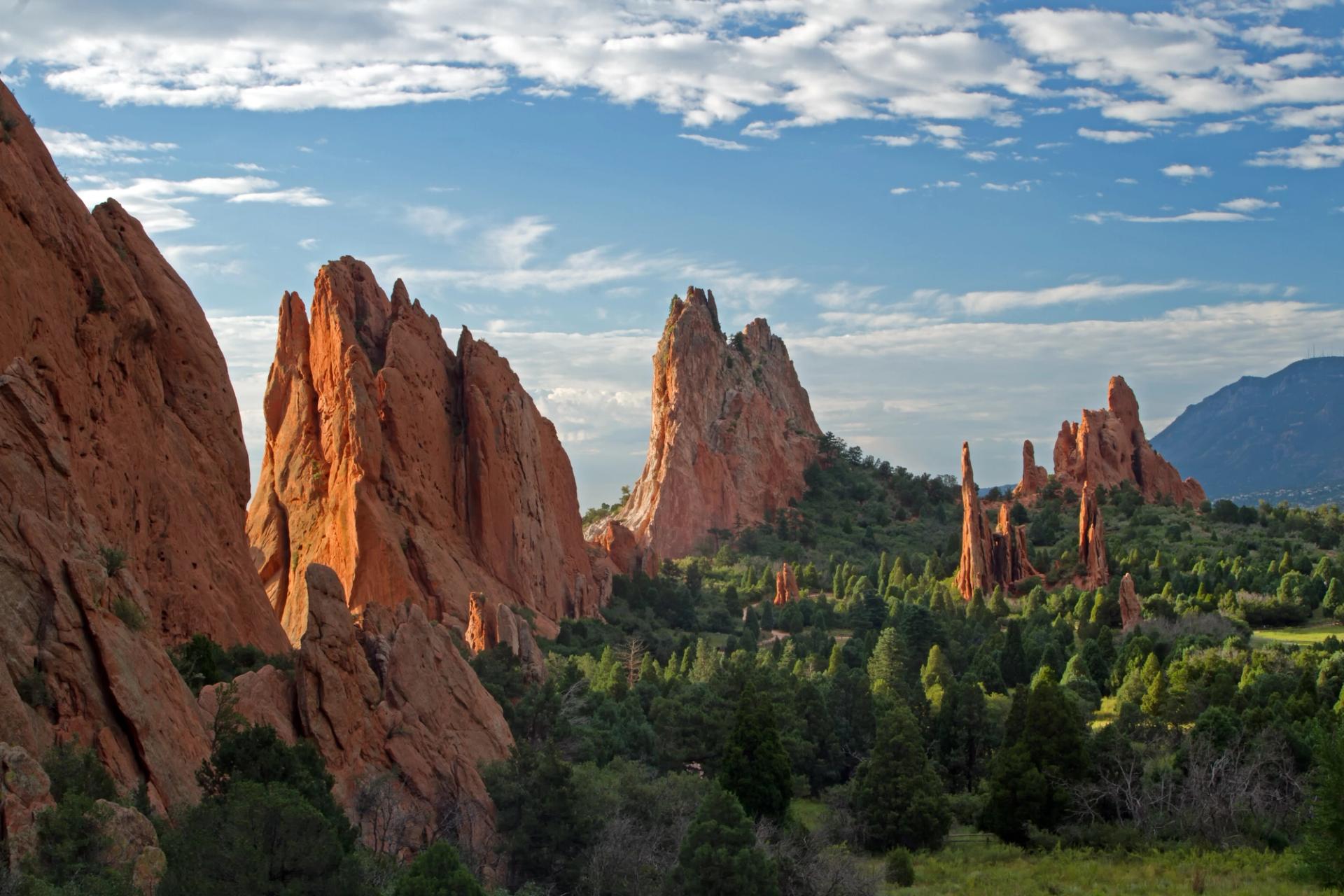 Blue skies with clouds over lookout view of Garden of the Gods, Colorado Springs, Colorado.