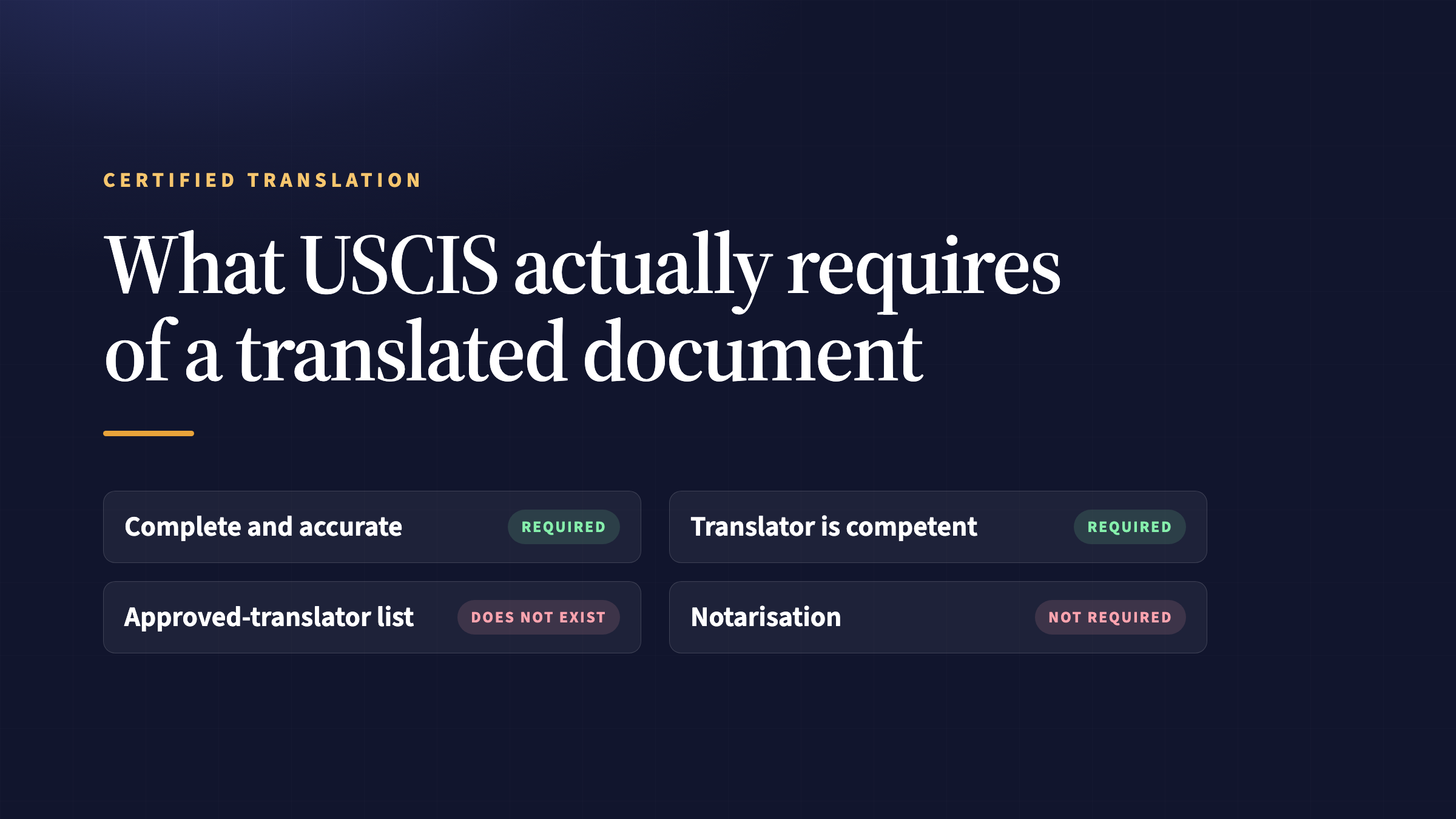 What 8 CFR 103.2(b)(3) requires of a translated document: that it is complete and accurate and that the translator is competent — against two things commonly claimed and not required, an approved-translator list and notarisation.