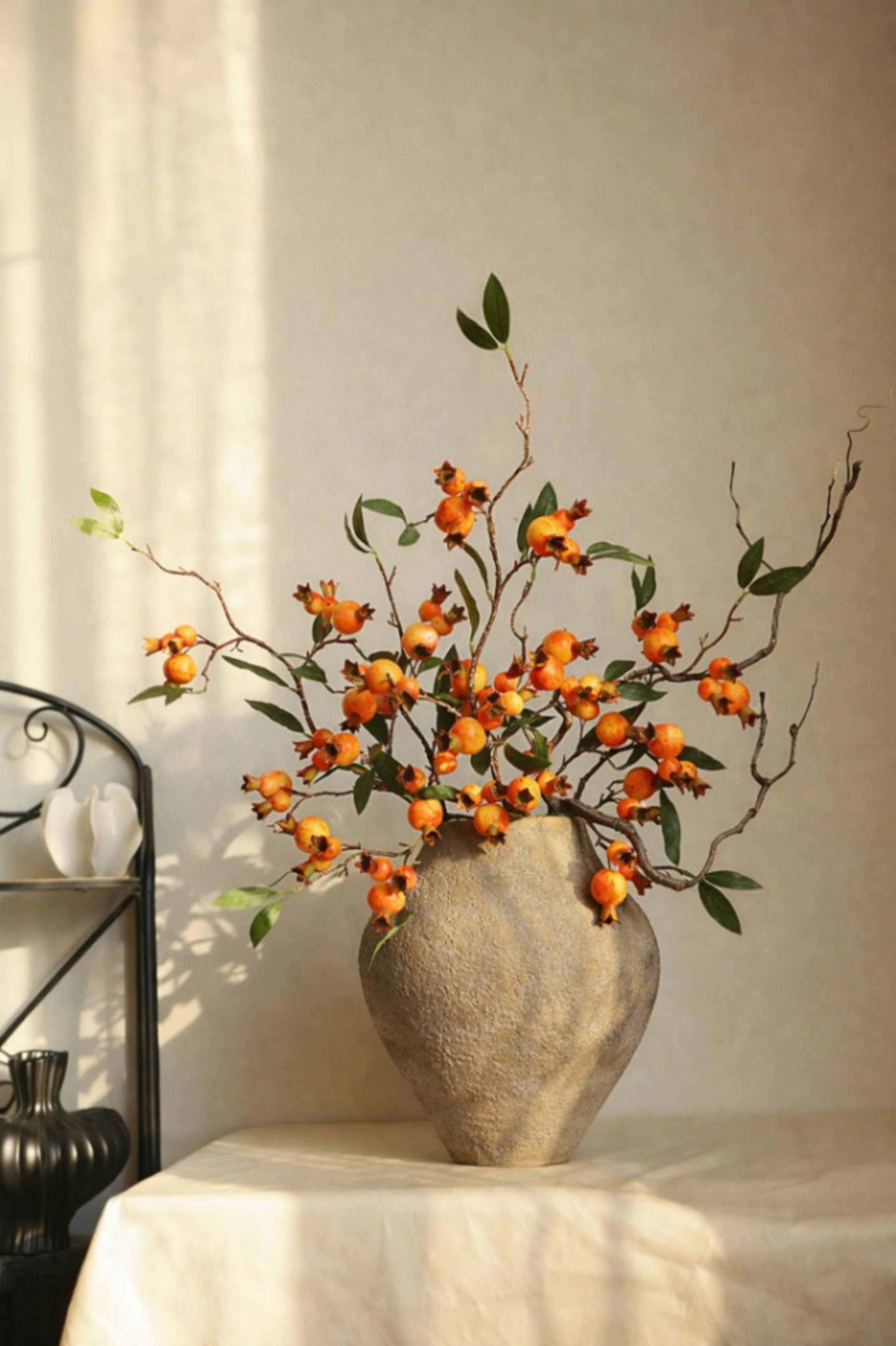 Artificial Pomegranate  Branch with Flowers and  Leaves, Wedding Dec oration, Fake Flower  Crafts, Home Floral  Decor, Autumn Rustic  Fruits, Gift | per stick