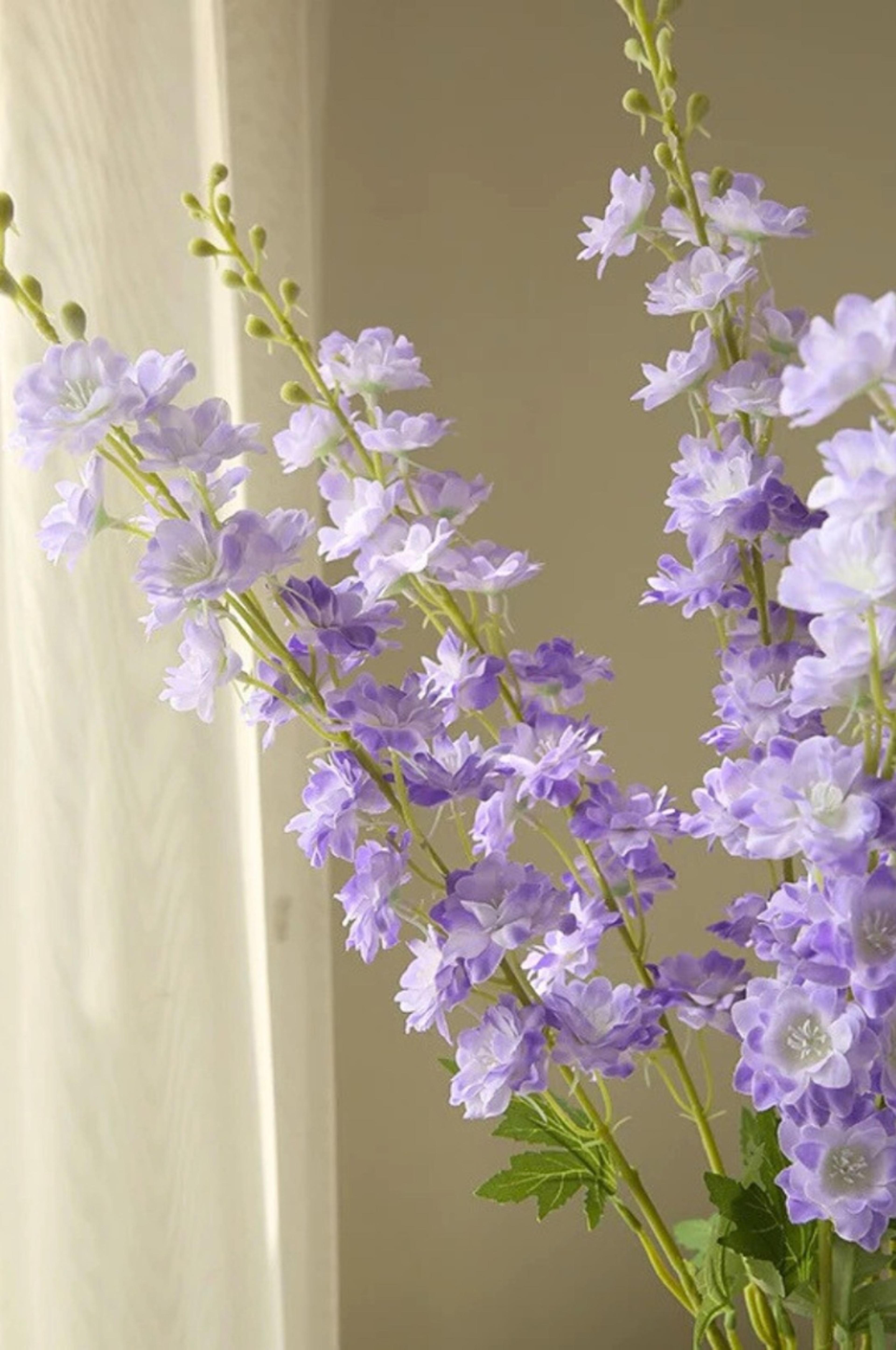 Fake Delphinium with Leaves, Silk Delphinium Flowers, Artificial Flower Crafts, Bloom for Bridal Bouquets, Wedding Arrangement Centerpiece | per stick