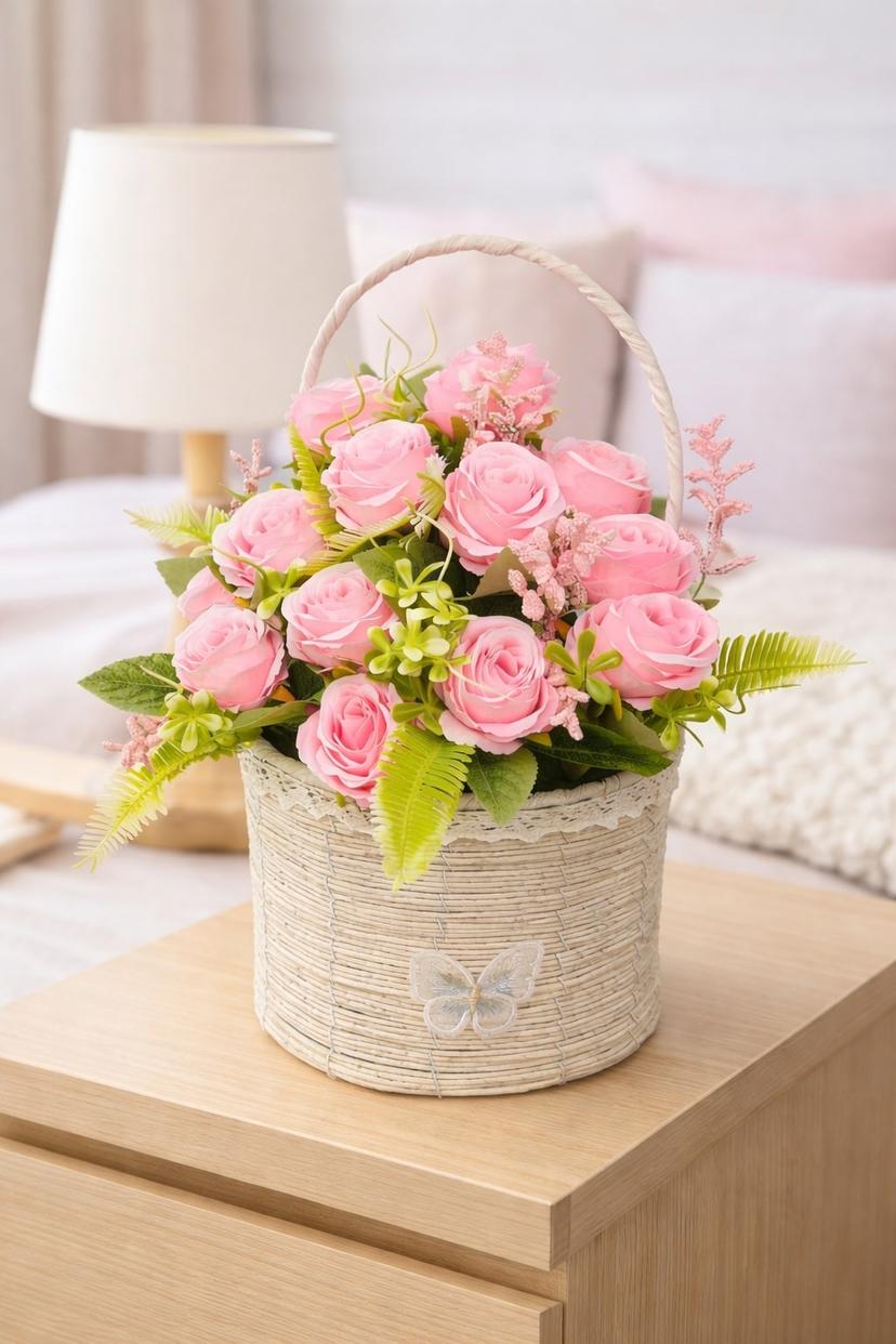 🥦 টব সহ ১৫" রাবার ফুলের প্রিমিয়াম প্ল্যান্ট | চায়না ইমপোর্টেড বেতের টব।