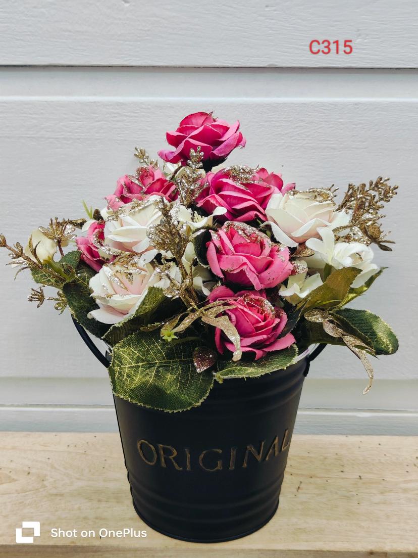 প্রিমিয়াম মেটাল টব সহ ১০" আর্টিফিশিয়াল ফুল সেট | রাবার ফুলের উচ্চমানের ডেকোর।