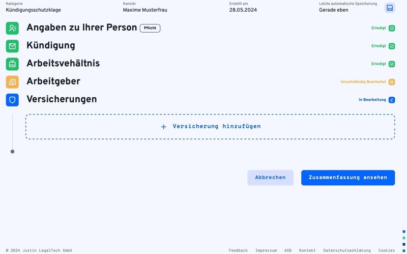 Justin Legal - Formular digitale Mandatsannahme
