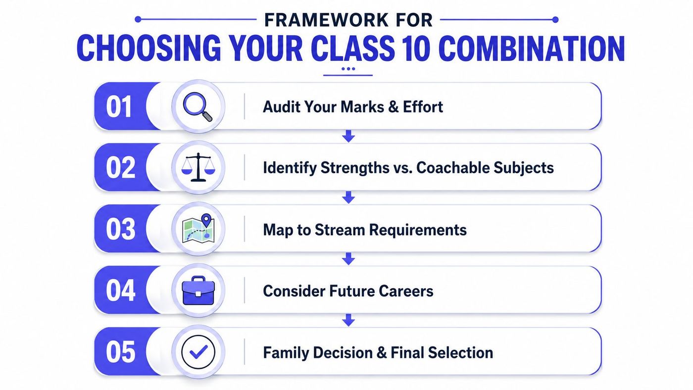 A structured 5-step framework infographic for students choosing their Class 10 subject combinations and streams.