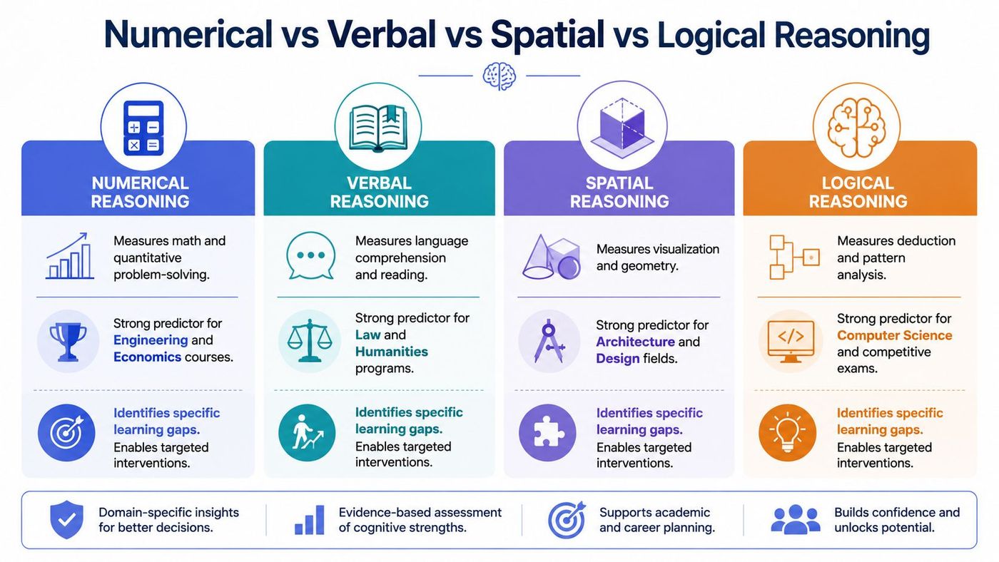 An infographic comparing numerical, verbal, spatial, and logical reasoning skills and their applications in education and career.
