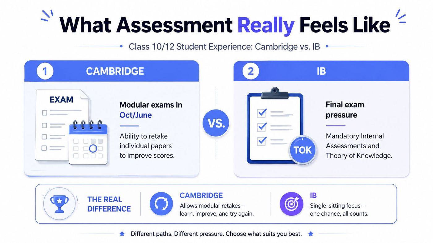 A comparison infographic between Cambridge and IB assessment styles highlighting exam structures and academic pressure differences.