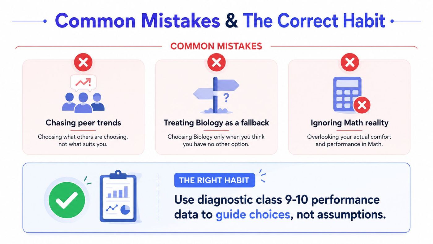 A guide illustrating common mistakes in choosing academic subjects versus using diagnostic performance data to guide choices.