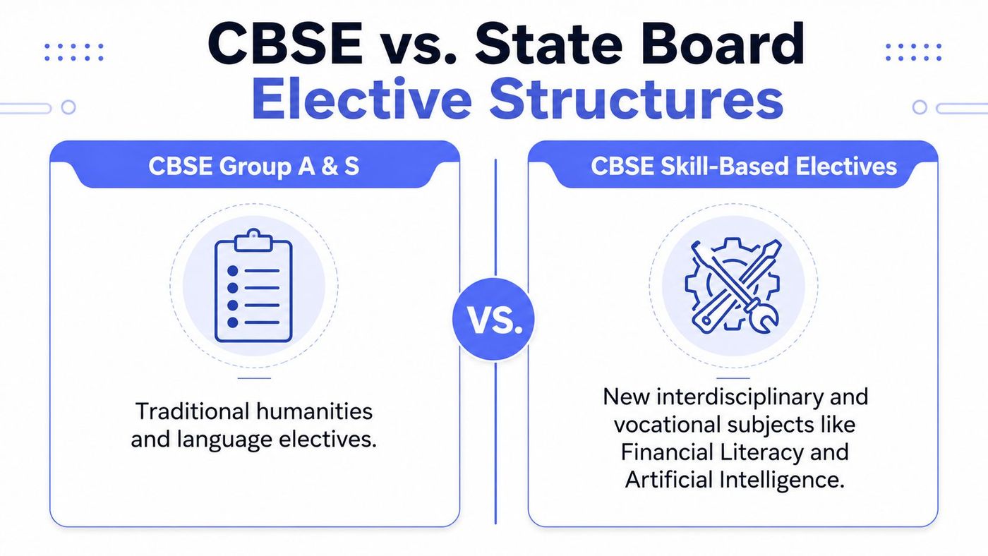 A comparison chart showing CBSE traditional humanities versus skill-based elective subjects for students.