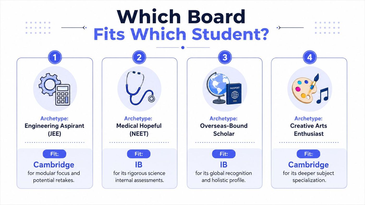 An infographic comparing Cambridge and IB boards for different student career paths and academic interests.