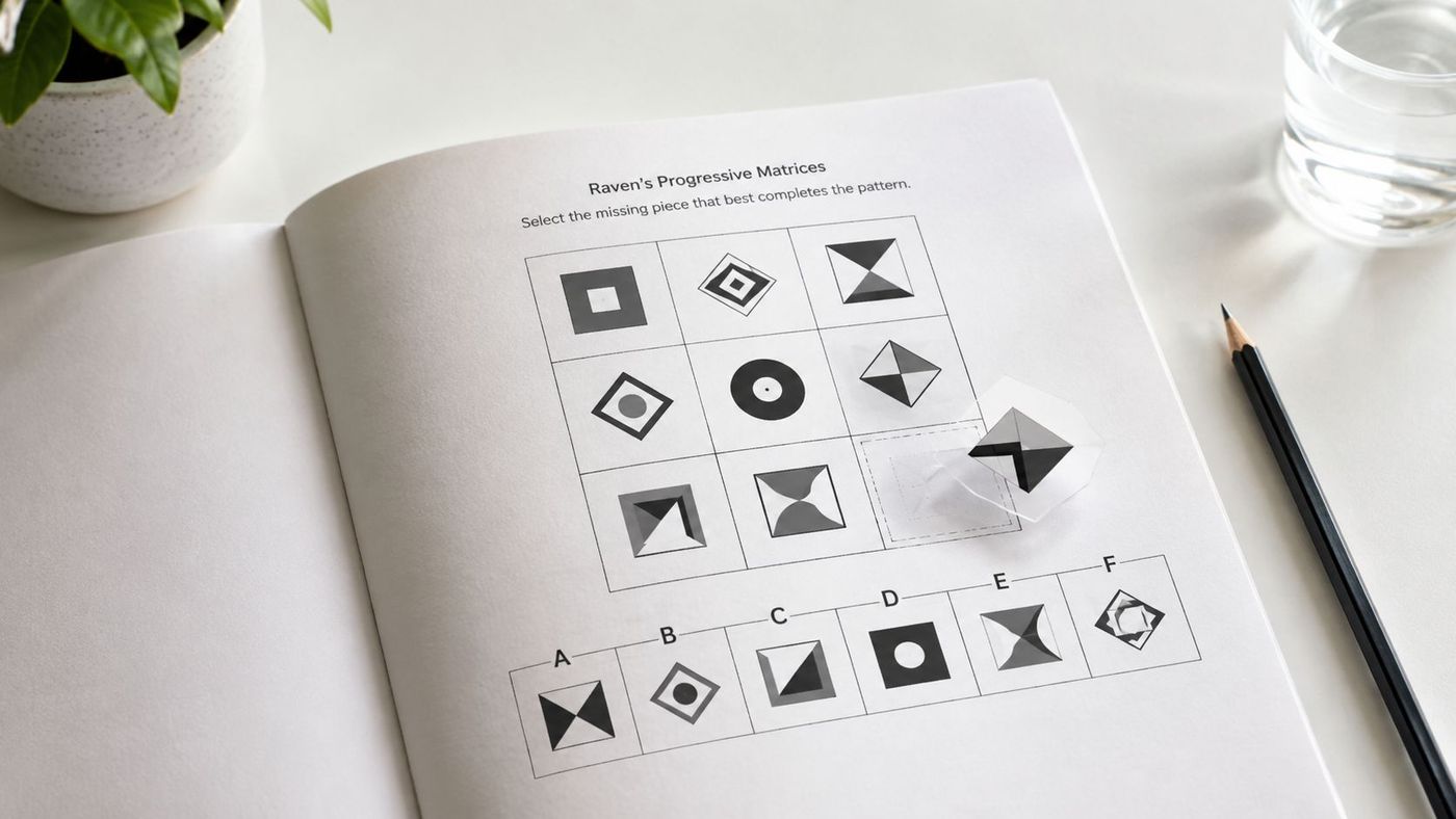A Raven's Progressive Matrices puzzle printed in an open notebook on a desk with a pencil.
