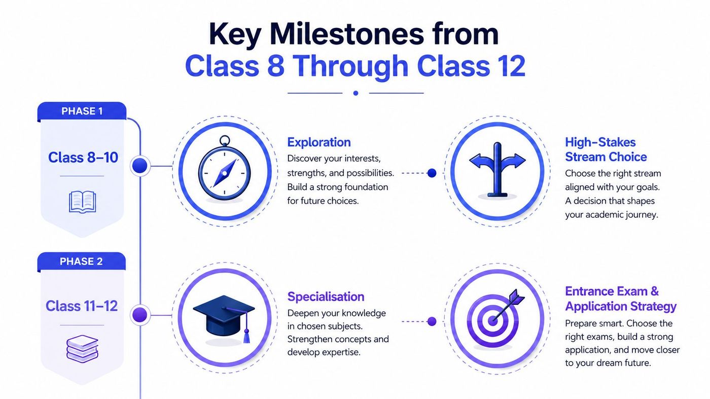 An infographic outlining academic milestones and career planning strategies for students from class eight through twelve.