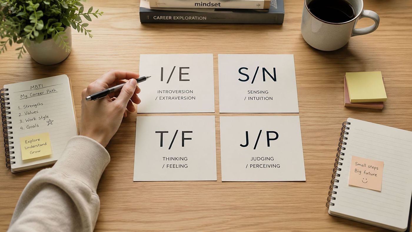 A top-down view of a person using cards on a wooden desk to identify personality traits.