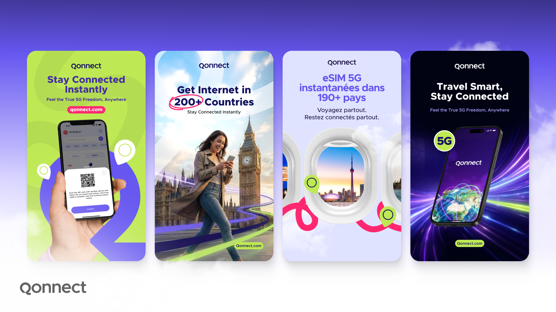 Qonnect : construire l'univers visuel d'une solution eSIM internationale, pays par pays