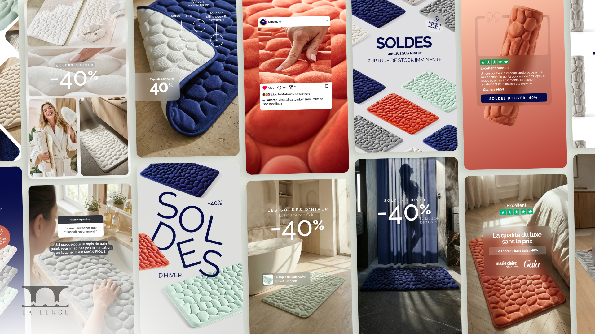 La Berge : +200 visuels produits sur un tapis premium ultra-technique, en coordination sur trois fuseaux horaires