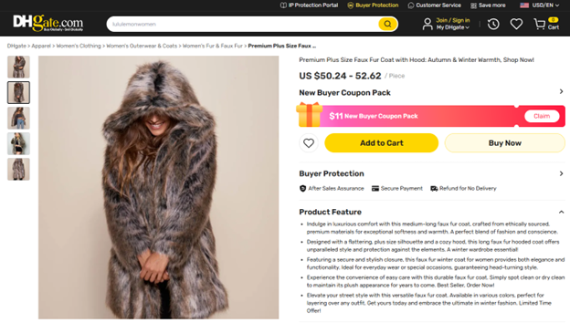 Figure 2: DHgate product listing, screenshot taken February 2026