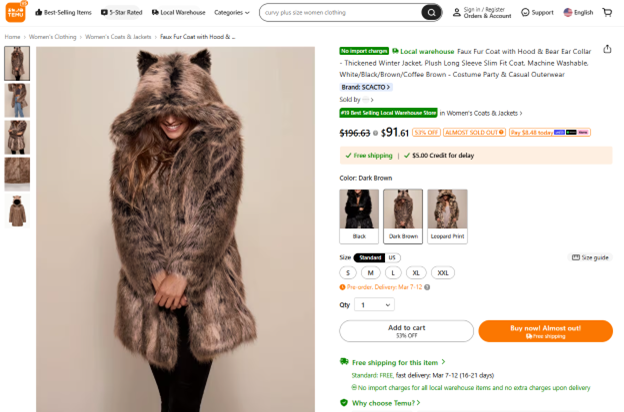 Figure 3: Temu product listing, screenshot taken in February 2026