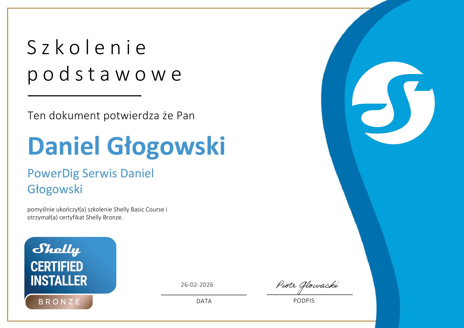 Certyfikat Shelly Certified Installer Bronze – Daniel Głogowski