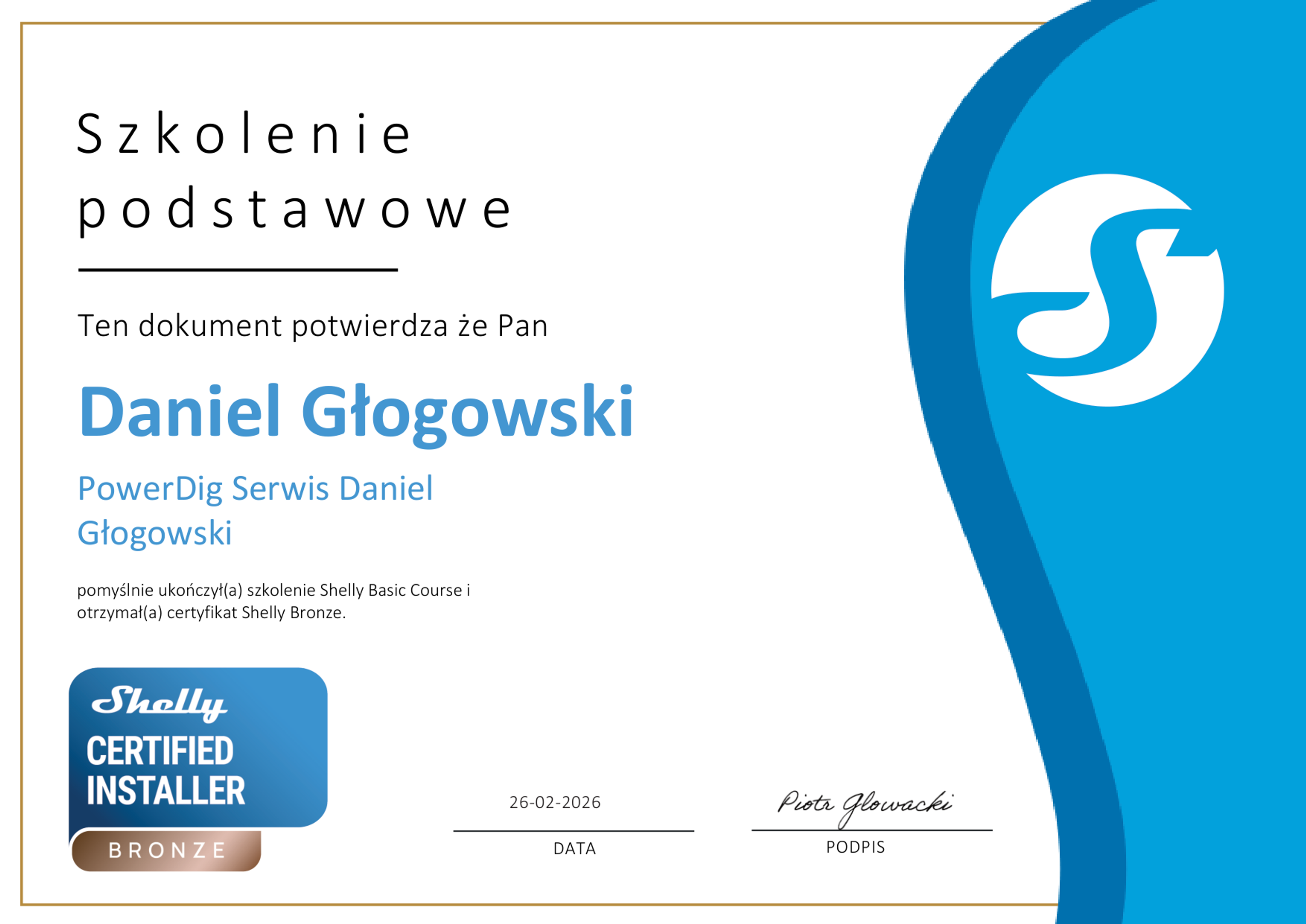 Certyfikat Shelly Certified Installer Bronze – Daniel Głogowski