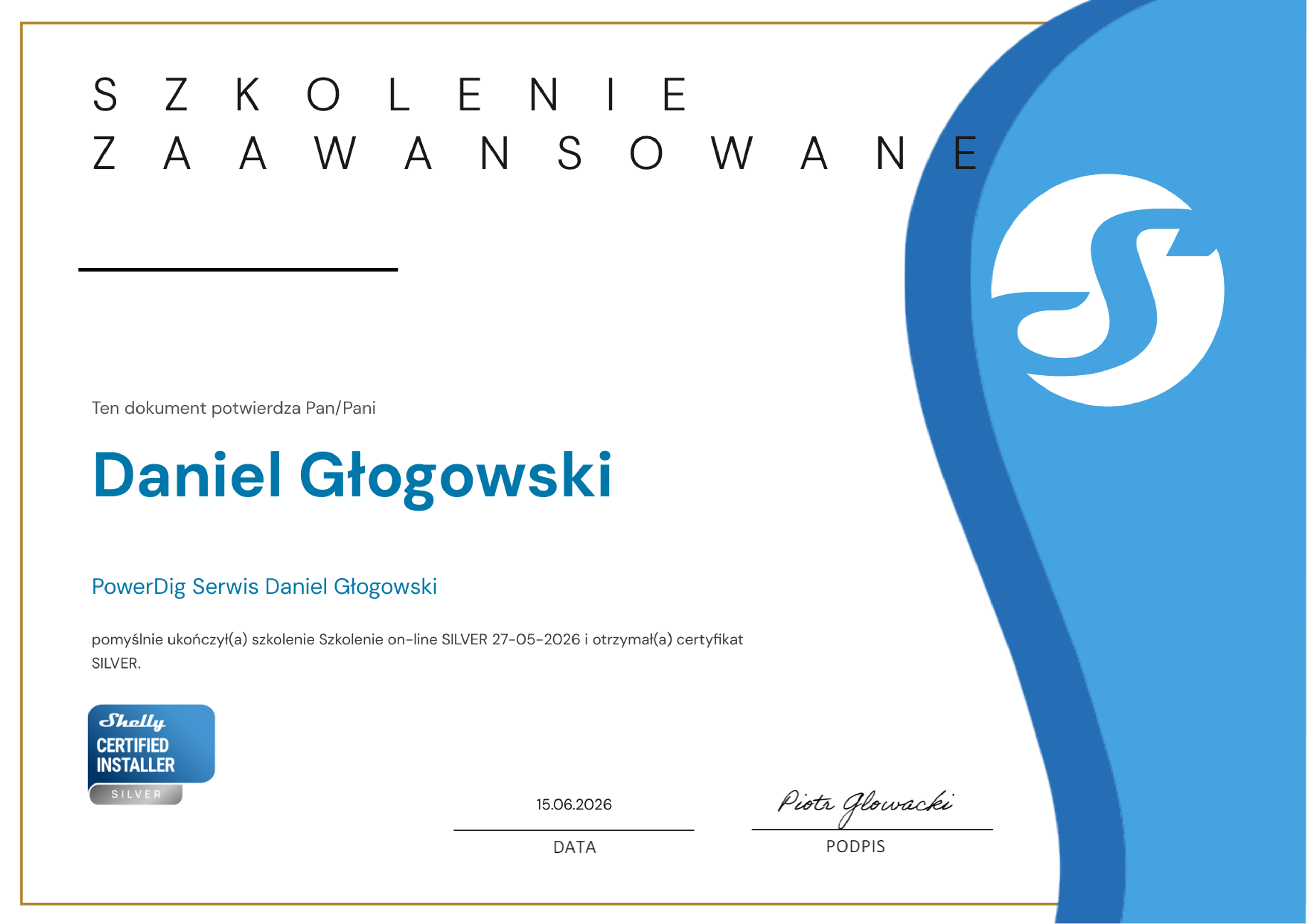 Certyfikat Shelly Certified Installer Silver nr 188 – Daniel Głogowski