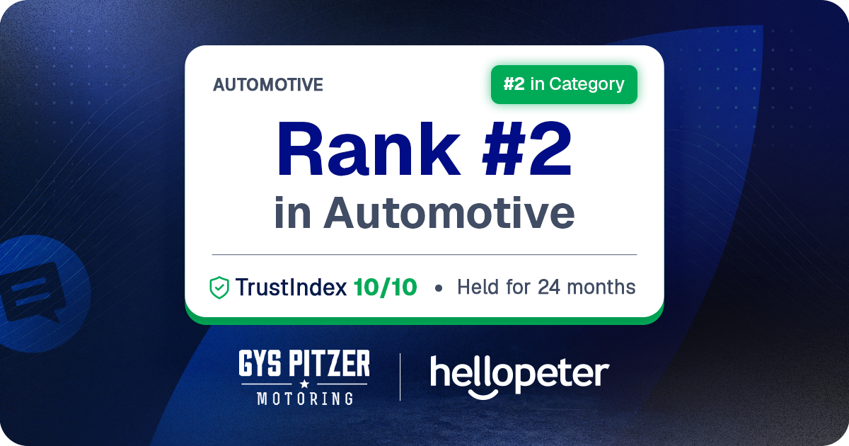 Gys Pitzer Motoring Hellopeter scorecard showing rank #2 in Automotive and TrustIndex 10 out of 10