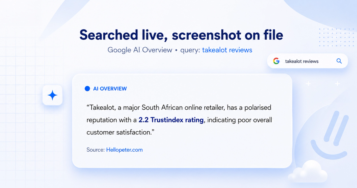 Google AI Overview answers quoting Hellopeter's TrustIndex verbatim for South African brand searches