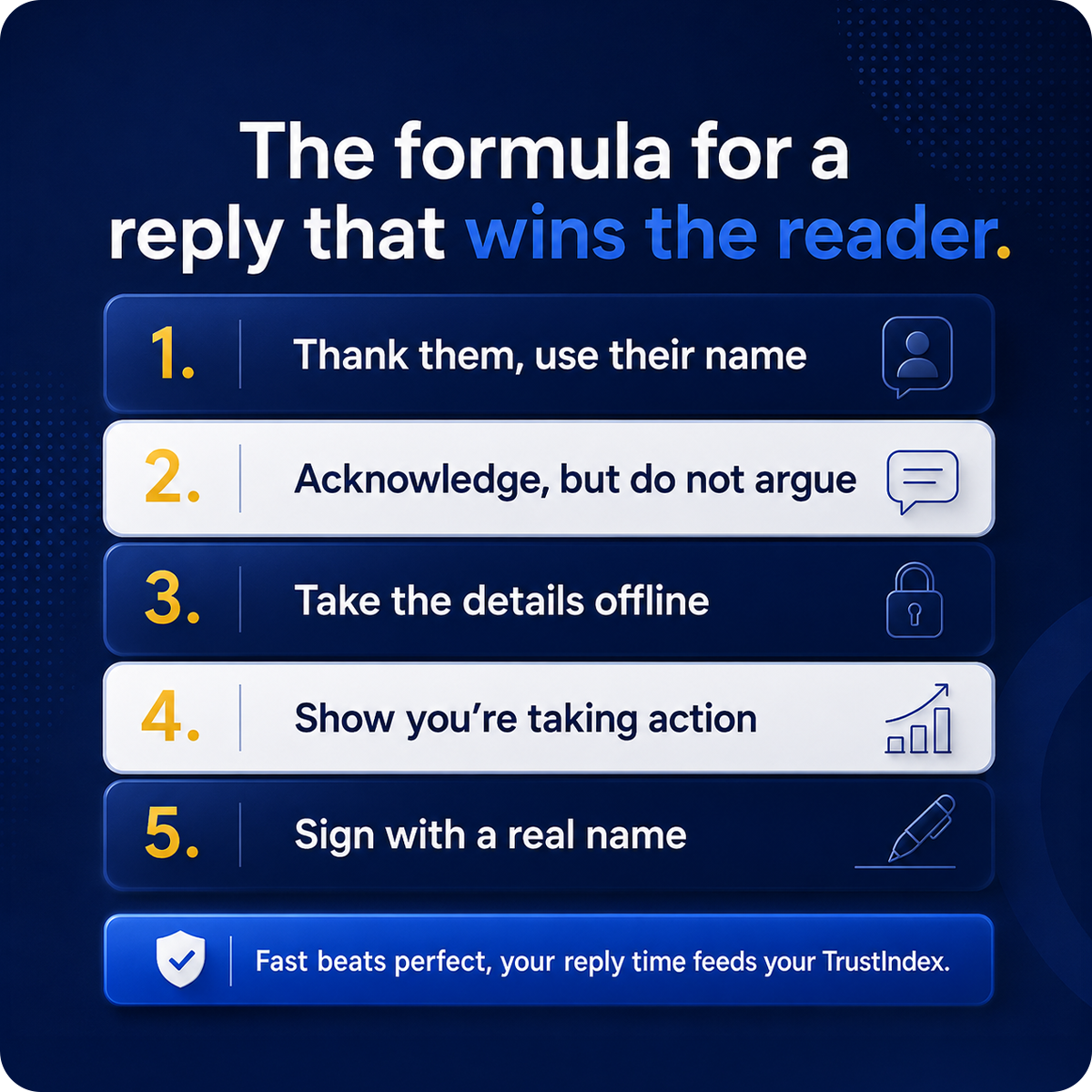 The five-step formula for replying to a negative review: thank them, acknowledge the experience, take the detail offline, show you are acting, sign with a real name