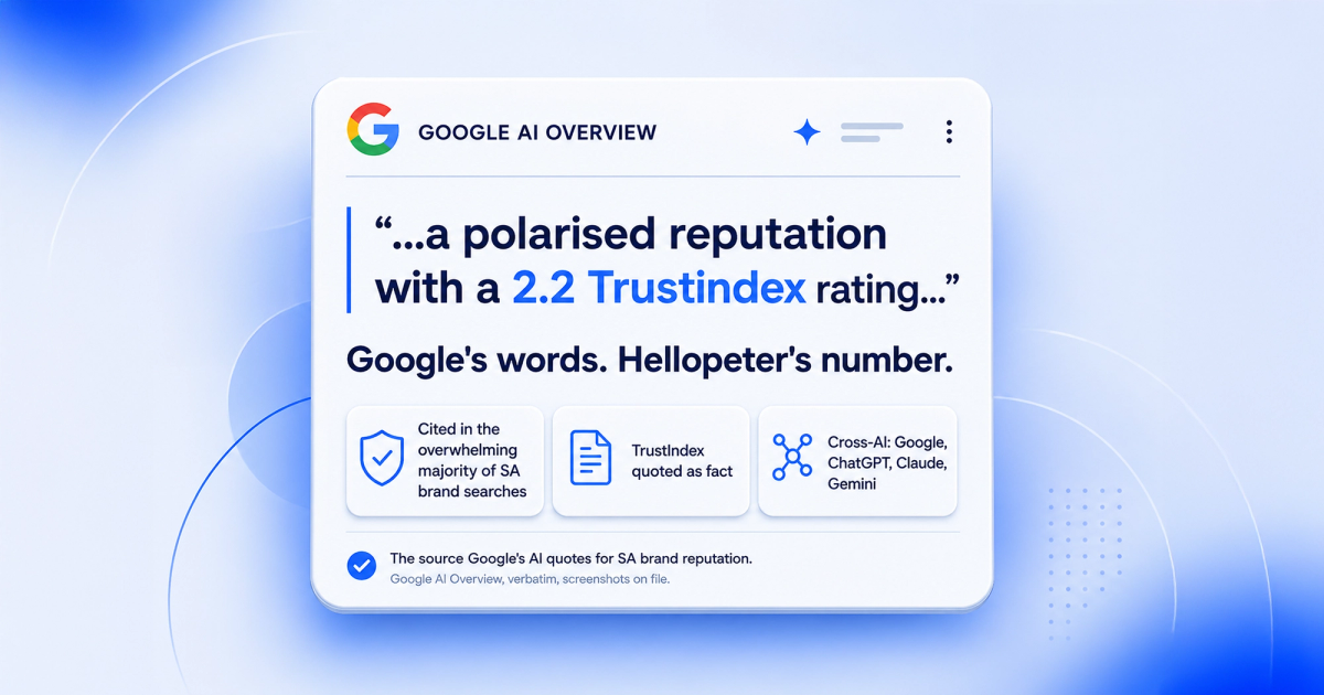 Google's AI Overview quoting Hellopeter's TrustIndex as fact for South African brand searches