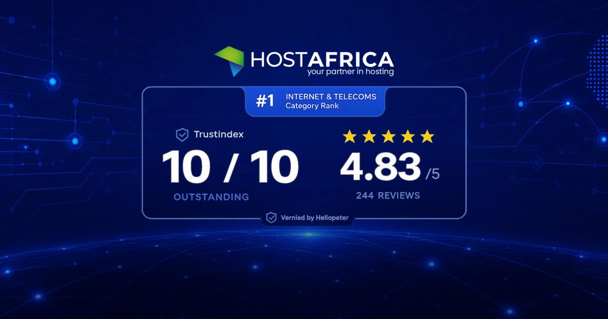 HOSTAFRICA Hellopeter scorecard showing a 10 out of 10 TrustIndex and the number one rank in Internet and Telecoms