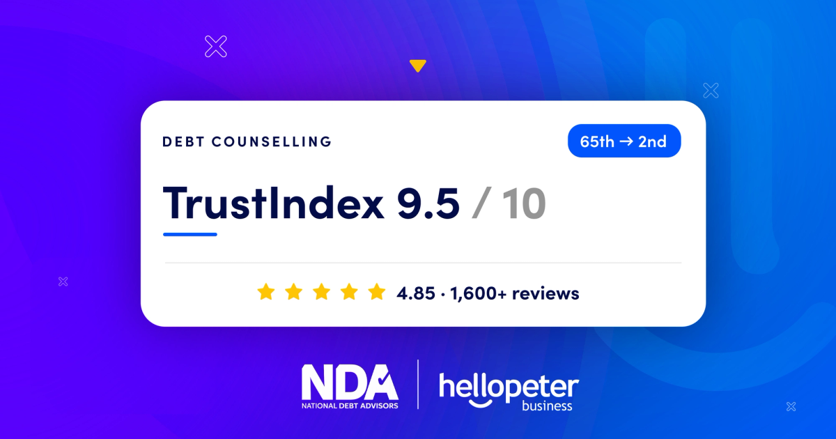 National Debt Advisors Hellopeter scorecard showing a 9.5 out of 10 TrustIndex and a 4.85 star rating