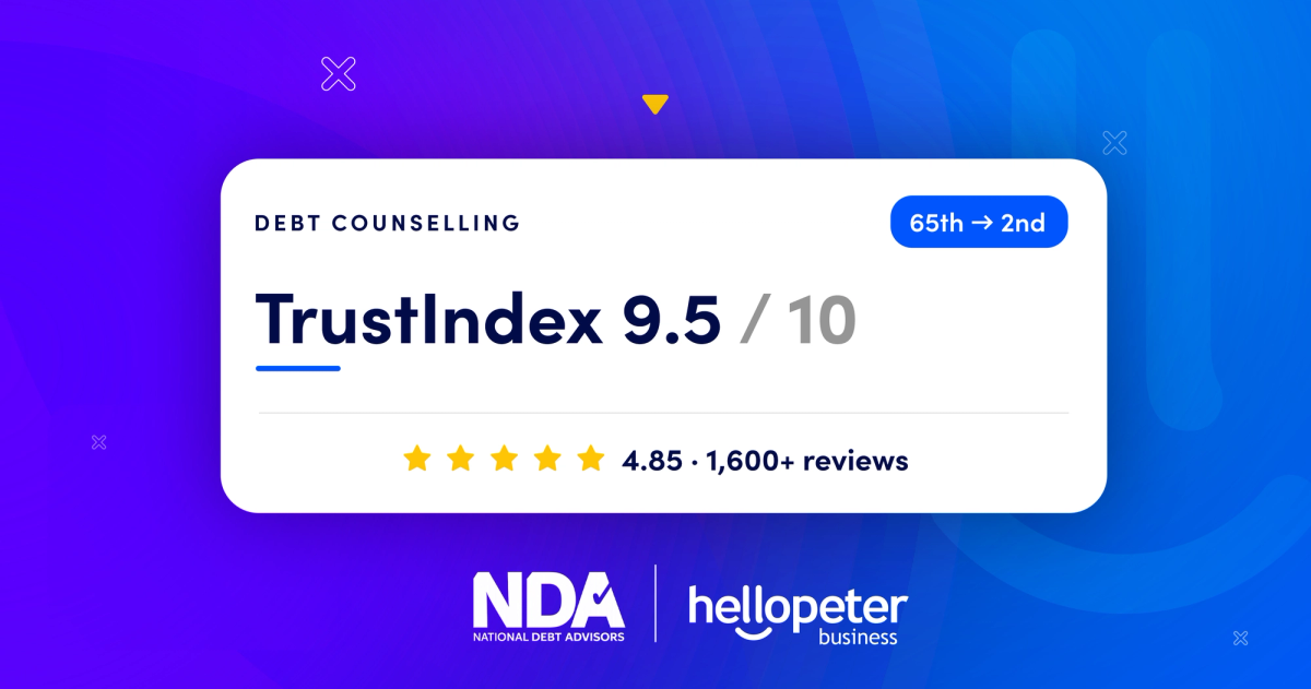 National Debt Advisors Hellopeter scorecard showing a 9.5 out of 10 TrustIndex and a 4.85 star rating