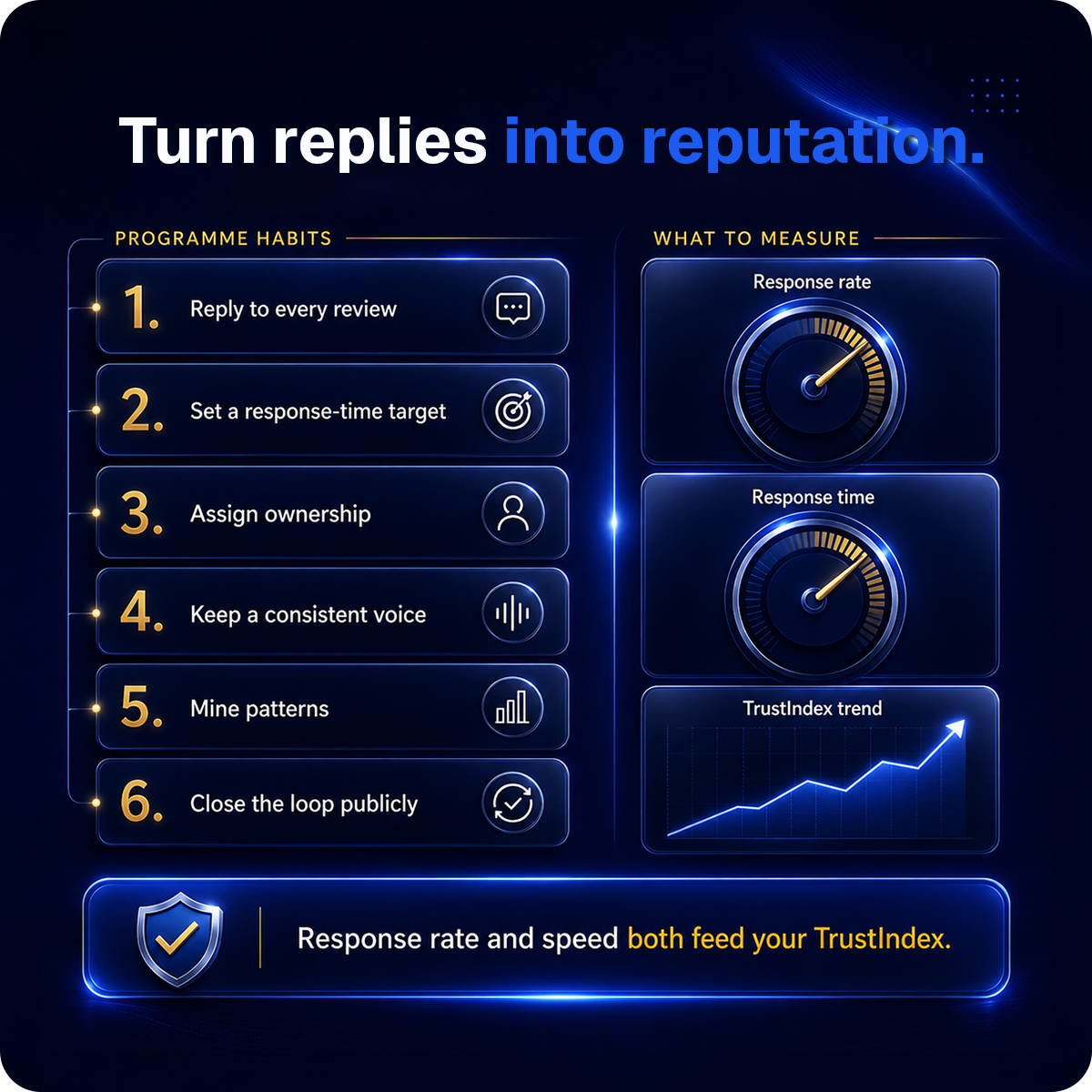 What turns ad-hoc review replies into a running programme: a response-time target, clear ownership, a short response guide, personalised replies, pattern mining and closing the loop in public